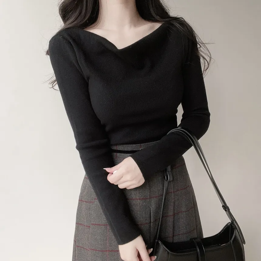 シャーリングボートネックワンショルダーアンバランススリットTシャツ | mirangmirang | 詳細画像30