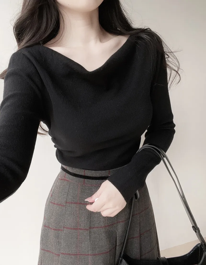 シャーリングボートネックワンショルダーアンバランススリットTシャツ | mirangmirang | 詳細画像31