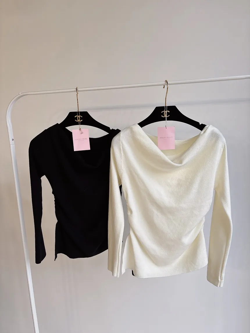 シャーリングボートネックワンショルダーアンバランススリットTシャツ | mirangmirang | 詳細画像46