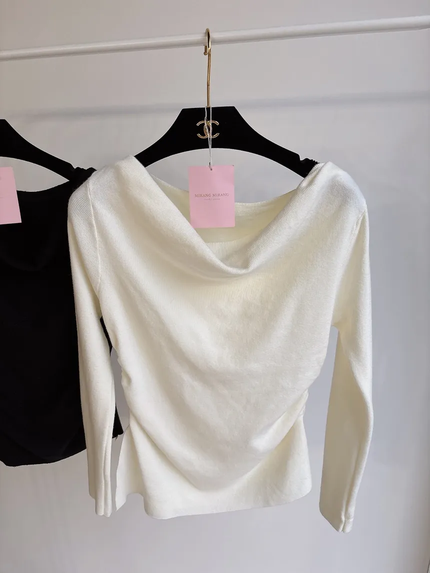 シャーリングボートネックワンショルダーアンバランススリットTシャツ | mirangmirang | 詳細画像47
