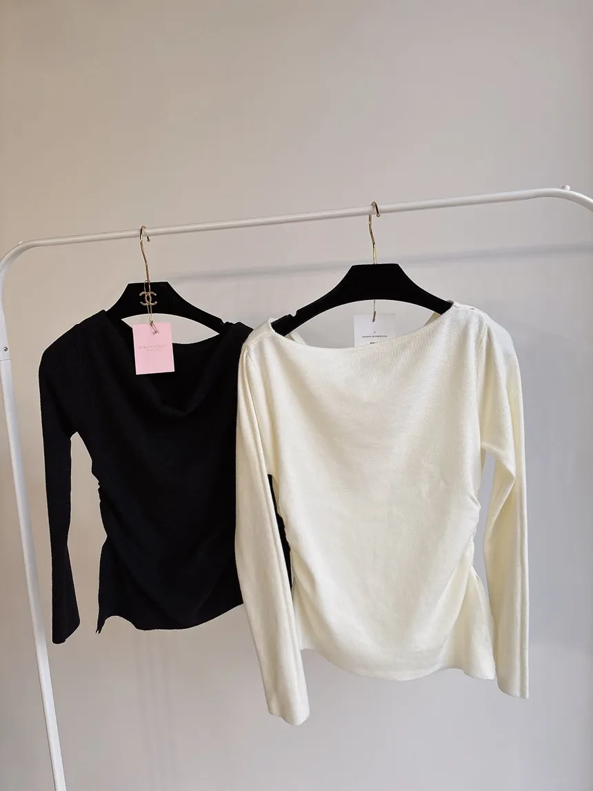 シャーリングボートネックワンショルダーアンバランススリットTシャツ | mirangmirang | 詳細画像48