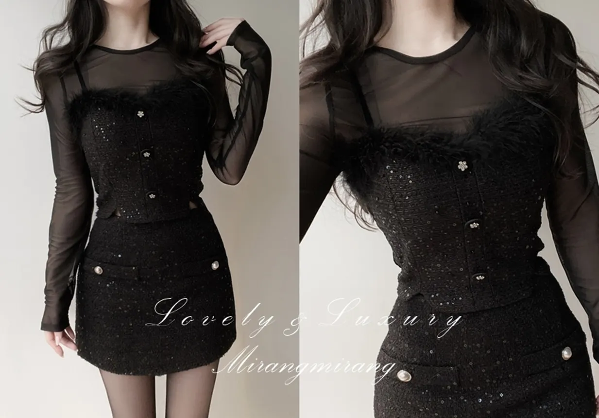 ツイードシースルーラウンドネックビジューボタンアンサンブル | mirangmirang | 詳細画像1