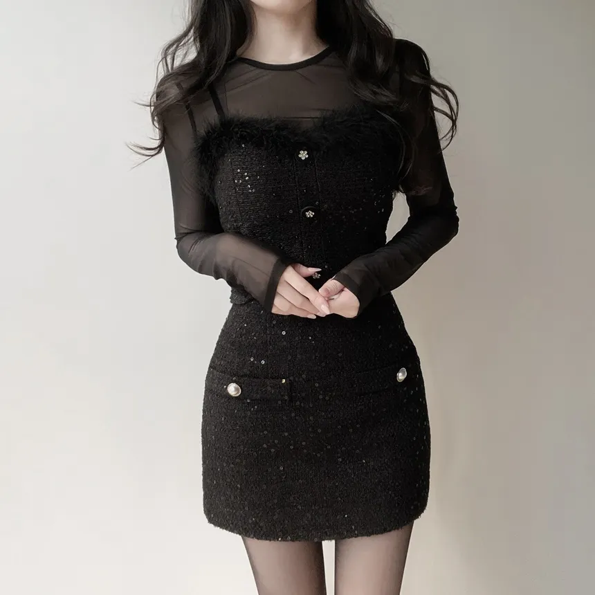 ツイードシースルーラウンドネックビジューボタンアンサンブル | mirangmirang | 詳細画像3