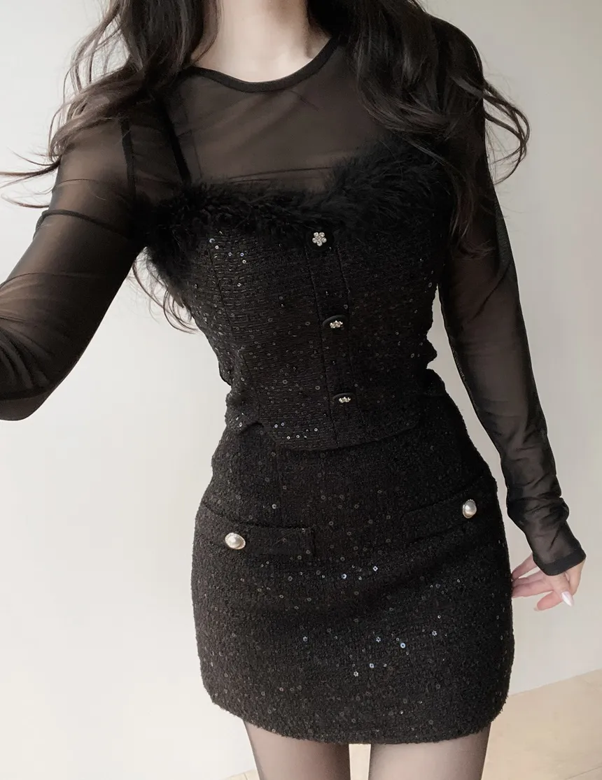 ツイードシースルーラウンドネックビジューボタンアンサンブル | mirangmirang | 詳細画像4