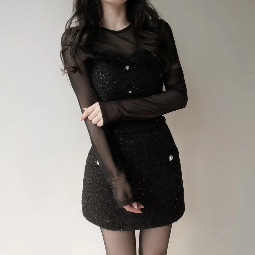 ツイードシースルーラウンドネックビジューボタンアンサンブル | mirangmirang | 詳細画像7