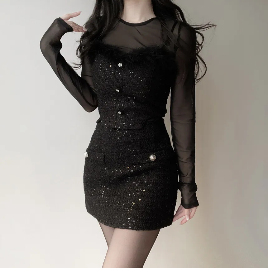 ツイードシースルーラウンドネックビジューボタンアンサンブル | mirangmirang | 詳細画像8