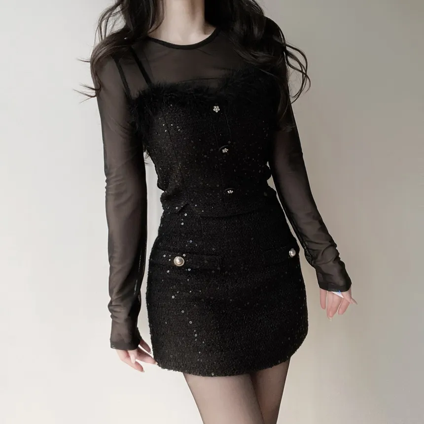 ツイードシースルーラウンドネックビジューボタンアンサンブル | mirangmirang | 詳細画像10