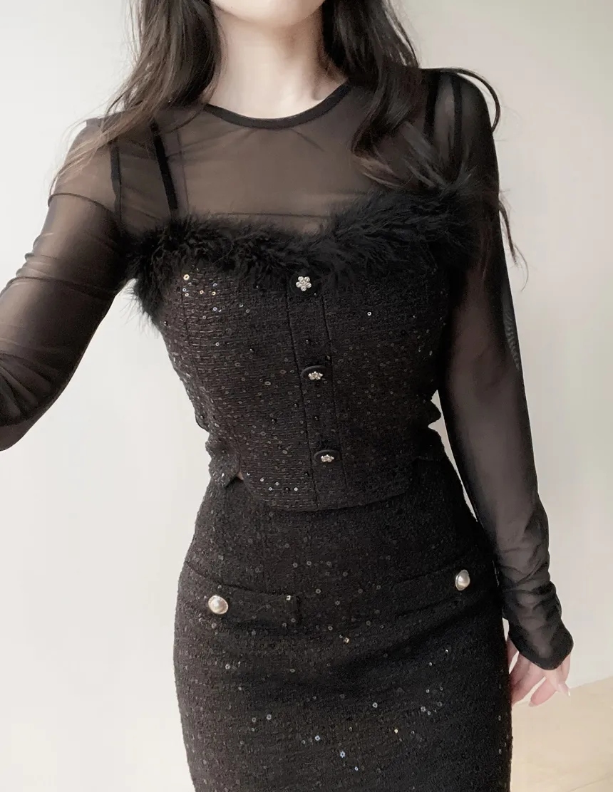 ツイードシースルーラウンドネックビジューボタンアンサンブル | mirangmirang | 詳細画像11