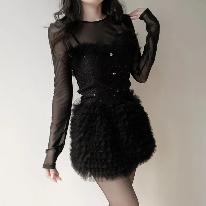 ツイードシースルーラウンドネックビジューボタンアンサンブル | mirangmirang | 詳細画像12