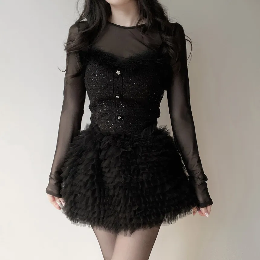 ツイードシースルーラウンドネックビジューボタンアンサンブル | mirangmirang | 詳細画像13