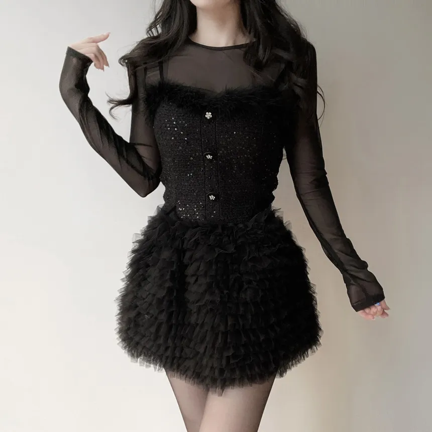 ツイードシースルーラウンドネックビジューボタンアンサンブル | mirangmirang | 詳細画像14