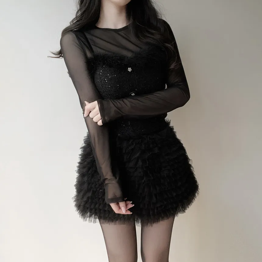 ツイードシースルーラウンドネックビジューボタンアンサンブル | mirangmirang | 詳細画像15