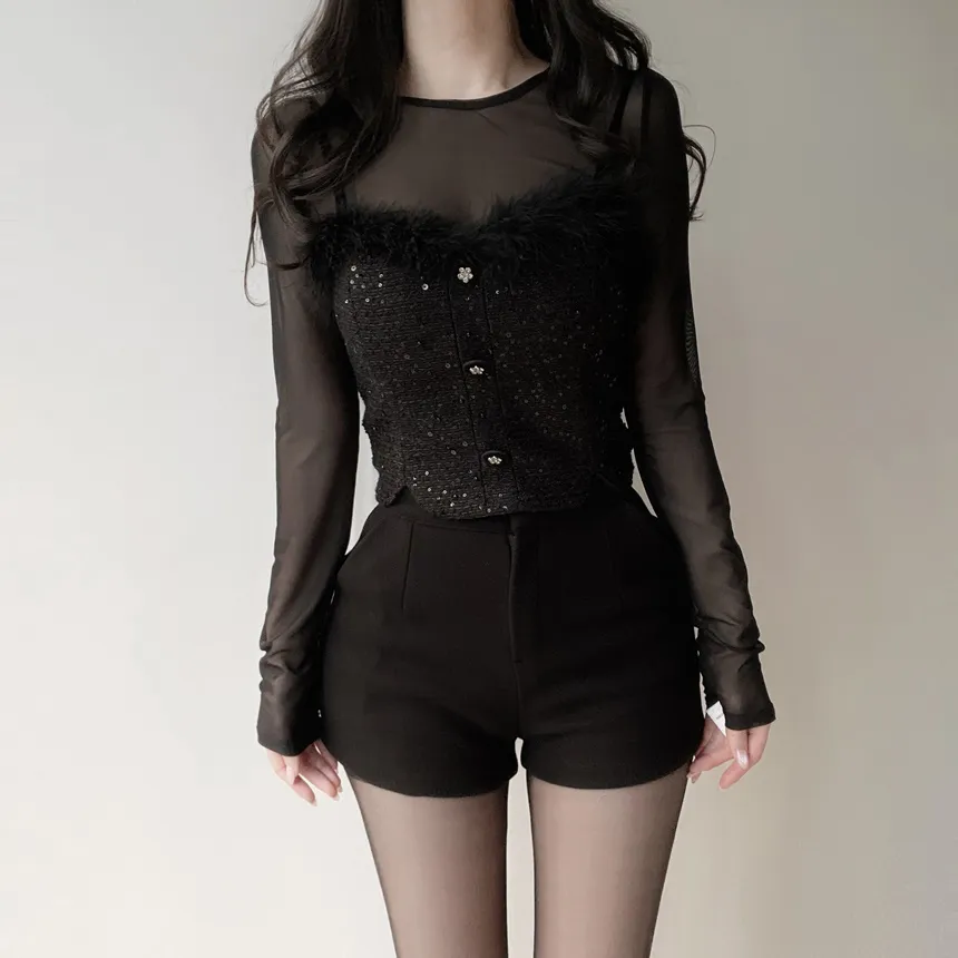 ツイードシースルーラウンドネックビジューボタンアンサンブル | mirangmirang | 詳細画像17