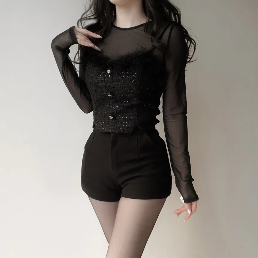 ツイードシースルーラウンドネックビジューボタンアンサンブル | mirangmirang | 詳細画像18