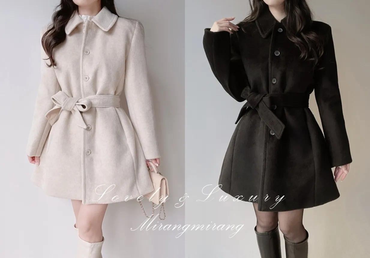 ウール混カラーポケットフレアコートストラップ付 | mirangmirang | 詳細画像1