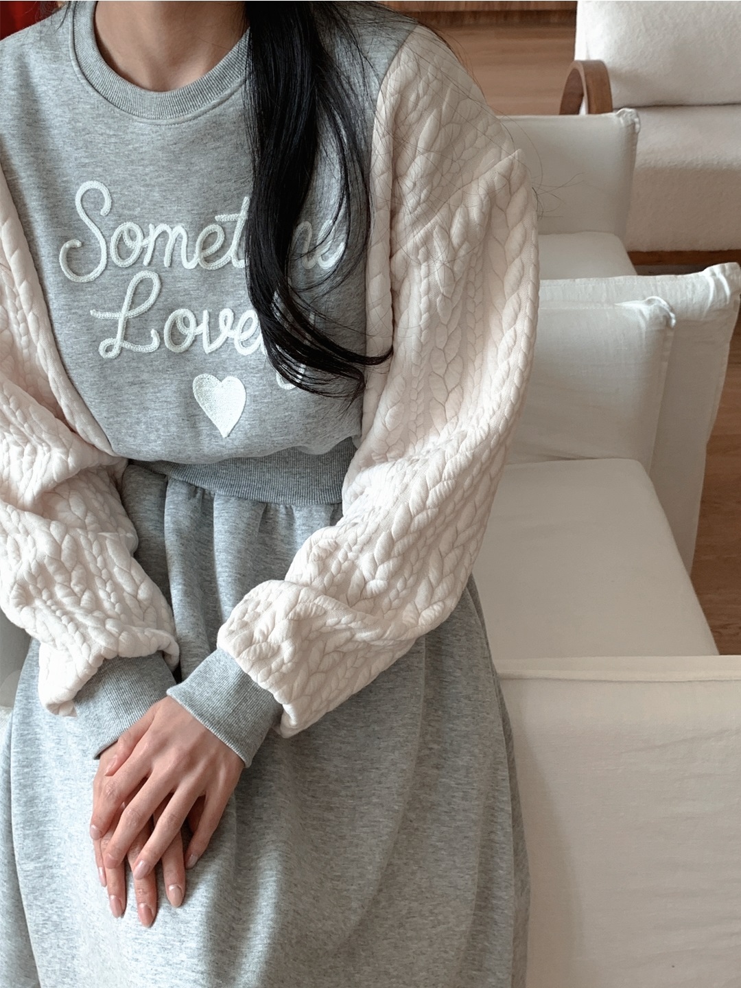 裏起毛ラウンドネックケーブルフレアAラインプリント配色ワンピース | 詳細画像2