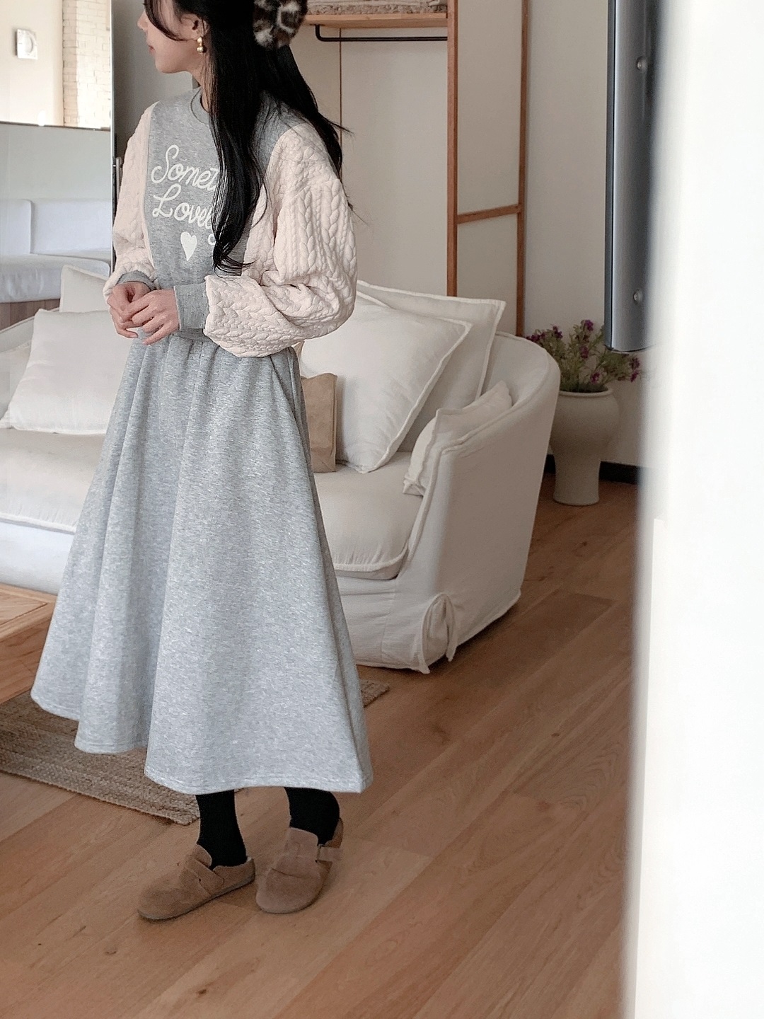 裏起毛ラウンドネックケーブルフレアAラインプリント配色ワンピース | 詳細画像3