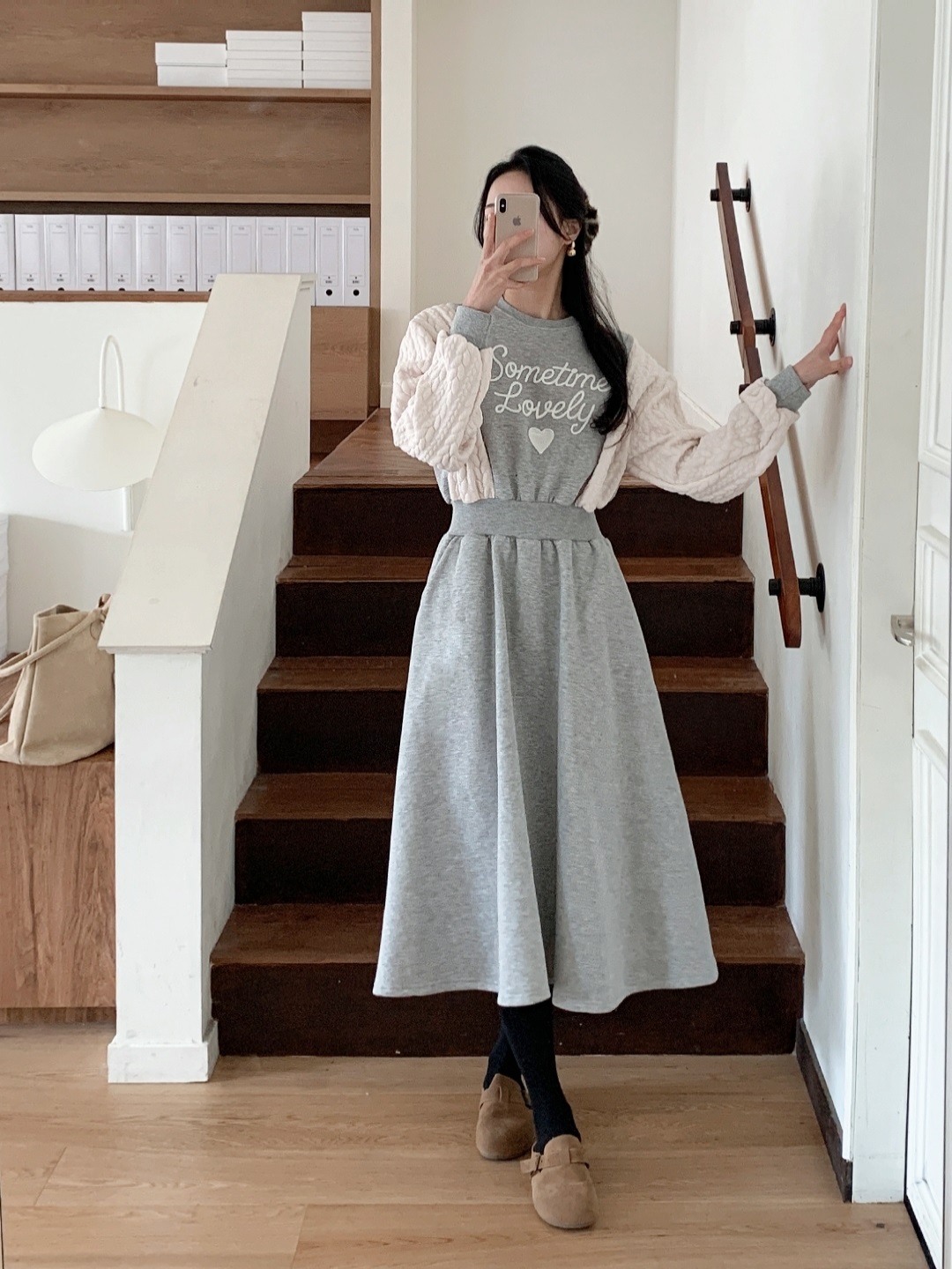 裏起毛ラウンドネックケーブルフレアAラインプリント配色ワンピース | 詳細画像4