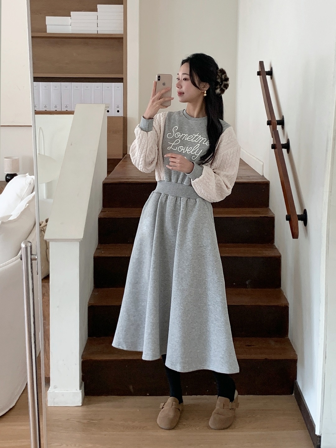 裏起毛ラウンドネックケーブルフレアAラインプリント配色ワンピース | 詳細画像5