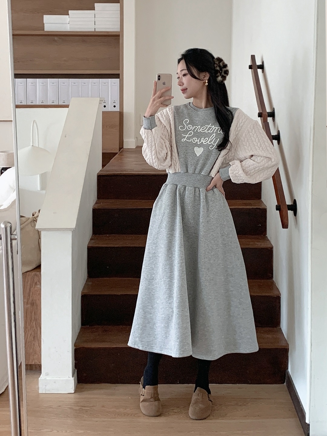 裏起毛ラウンドネックケーブルフレアAラインプリント配色ワンピース | 詳細画像6