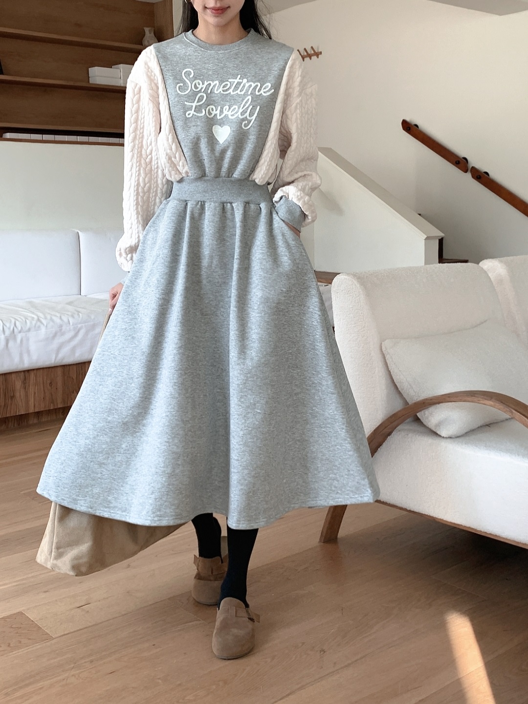 裏起毛ラウンドネックケーブルフレアAラインプリント配色ワンピース | 詳細画像7