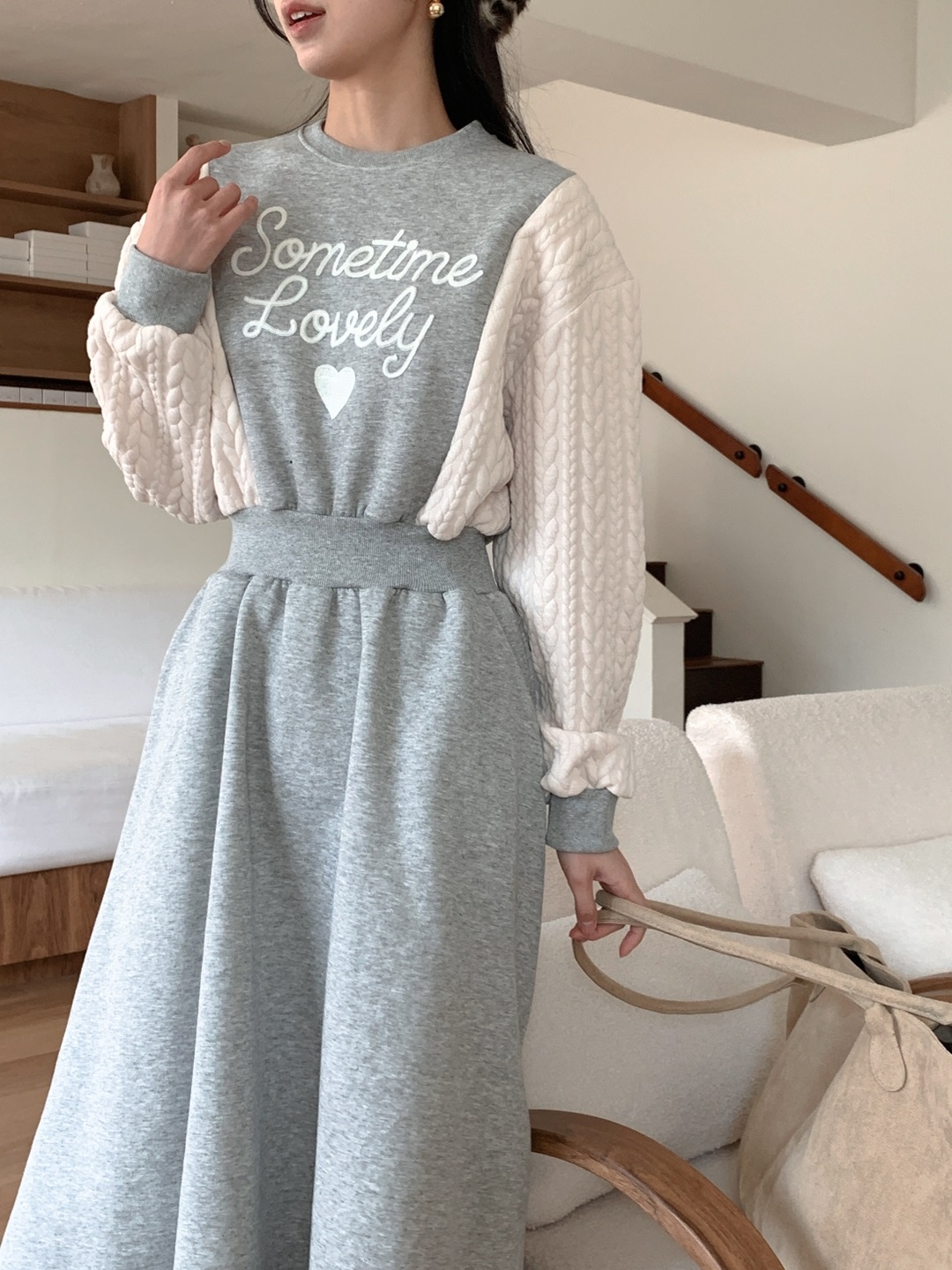 裏起毛ラウンドネックケーブルフレアAラインプリント配色ワンピース | 詳細画像8