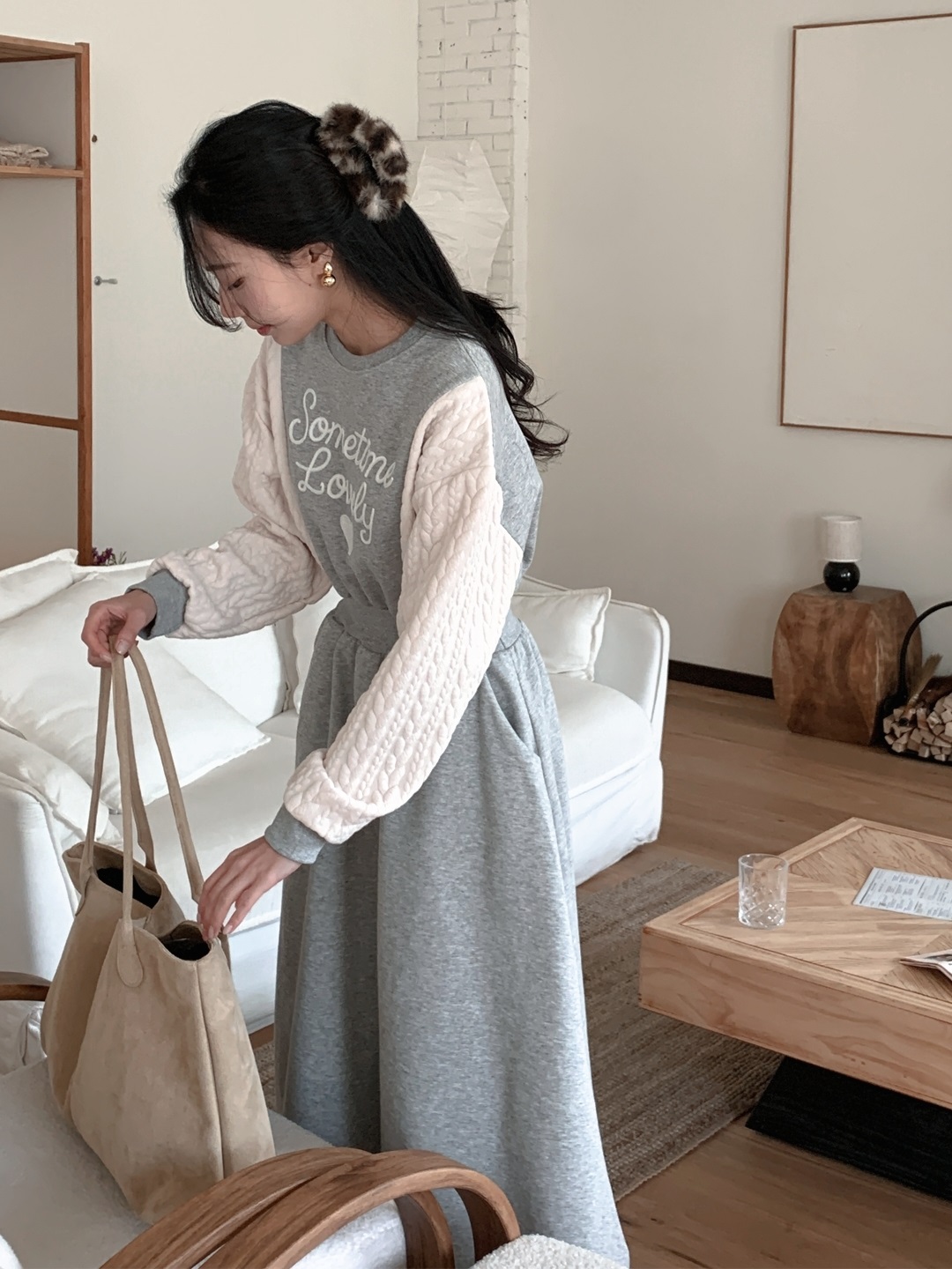 裏起毛ラウンドネックケーブルフレアAラインプリント配色ワンピース | 詳細画像9