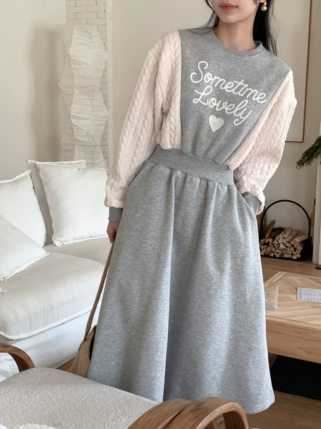 裏起毛ラウンドネックケーブルフレアAラインプリント配色ワンピース | 詳細画像10