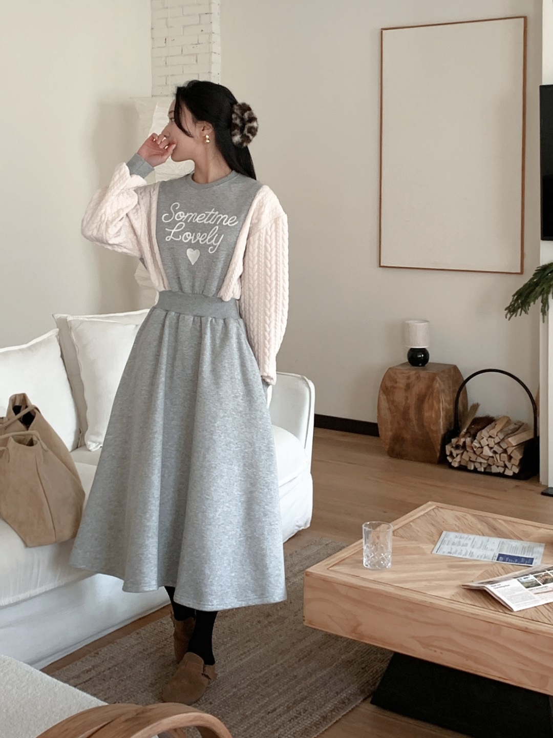 裏起毛ラウンドネックケーブルフレアAラインプリント配色ワンピース | 詳細画像11