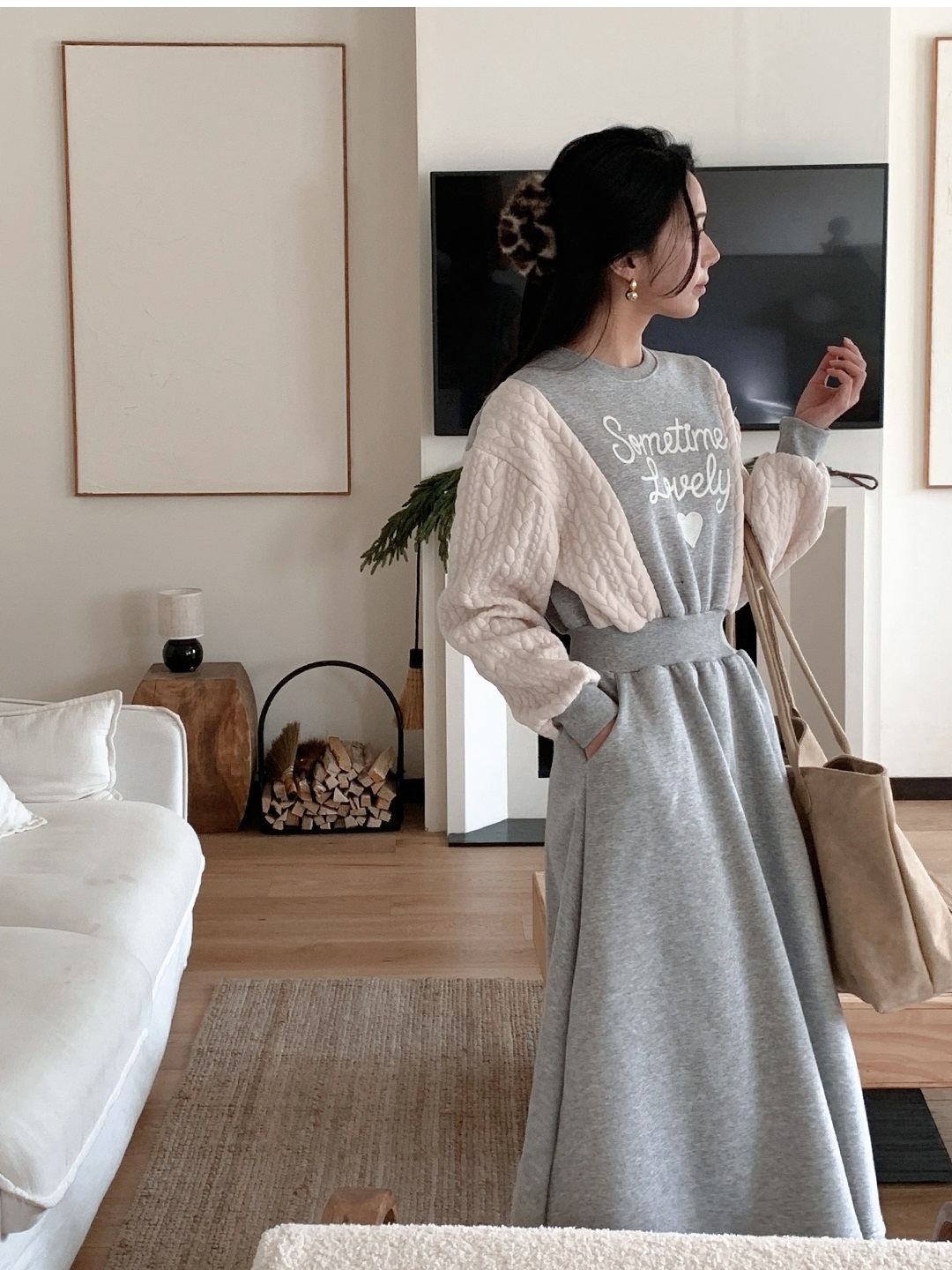 裏起毛ラウンドネックケーブルフレアAラインプリント配色ワンピース | 詳細画像15