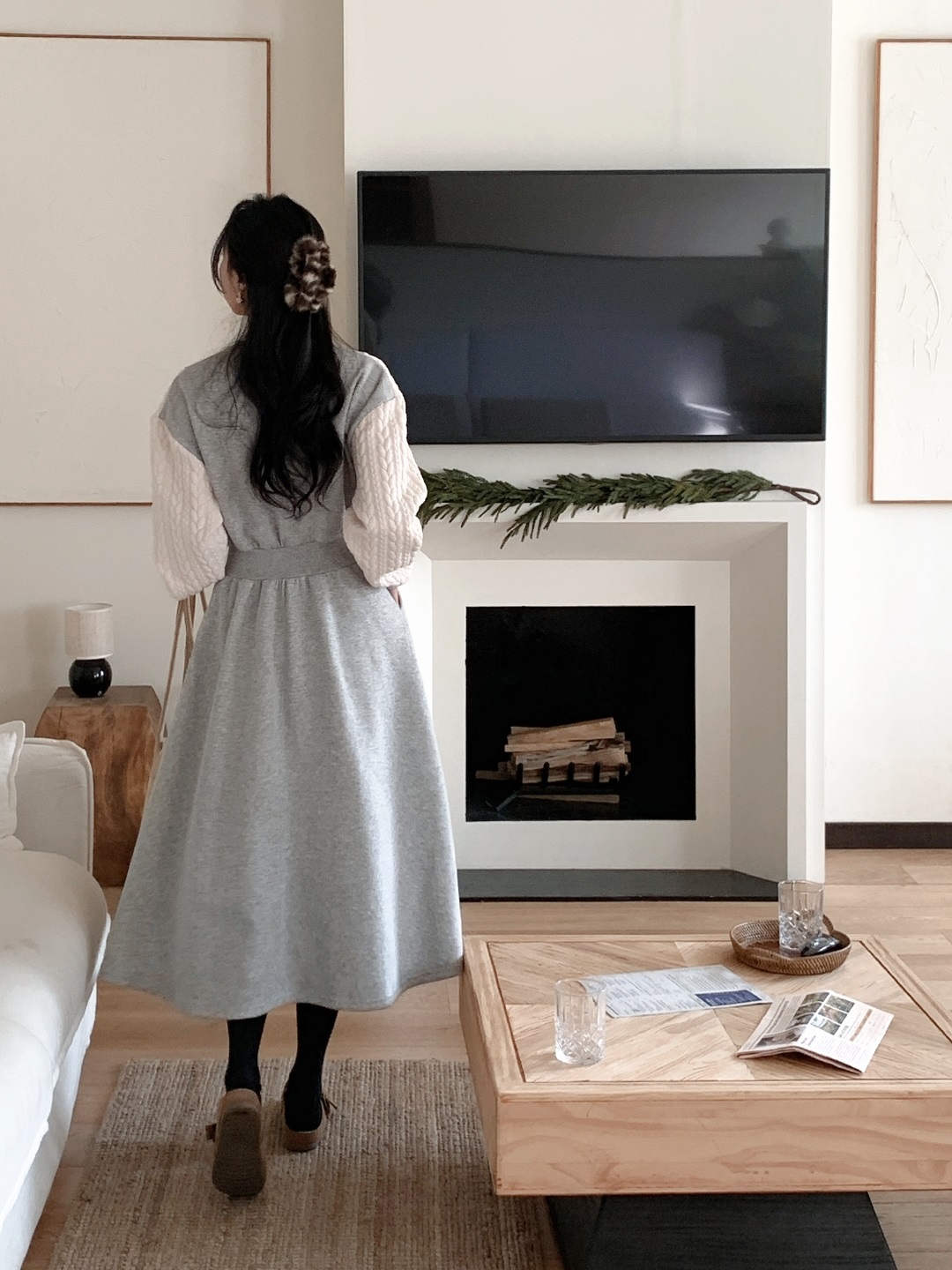 裏起毛ラウンドネックケーブルフレアAラインプリント配色ワンピース | 詳細画像13