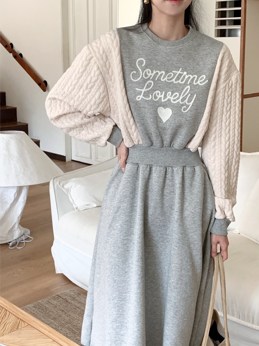 裏起毛ラウンドネックケーブルフレアAラインプリント配色ワンピース | 詳細画像14