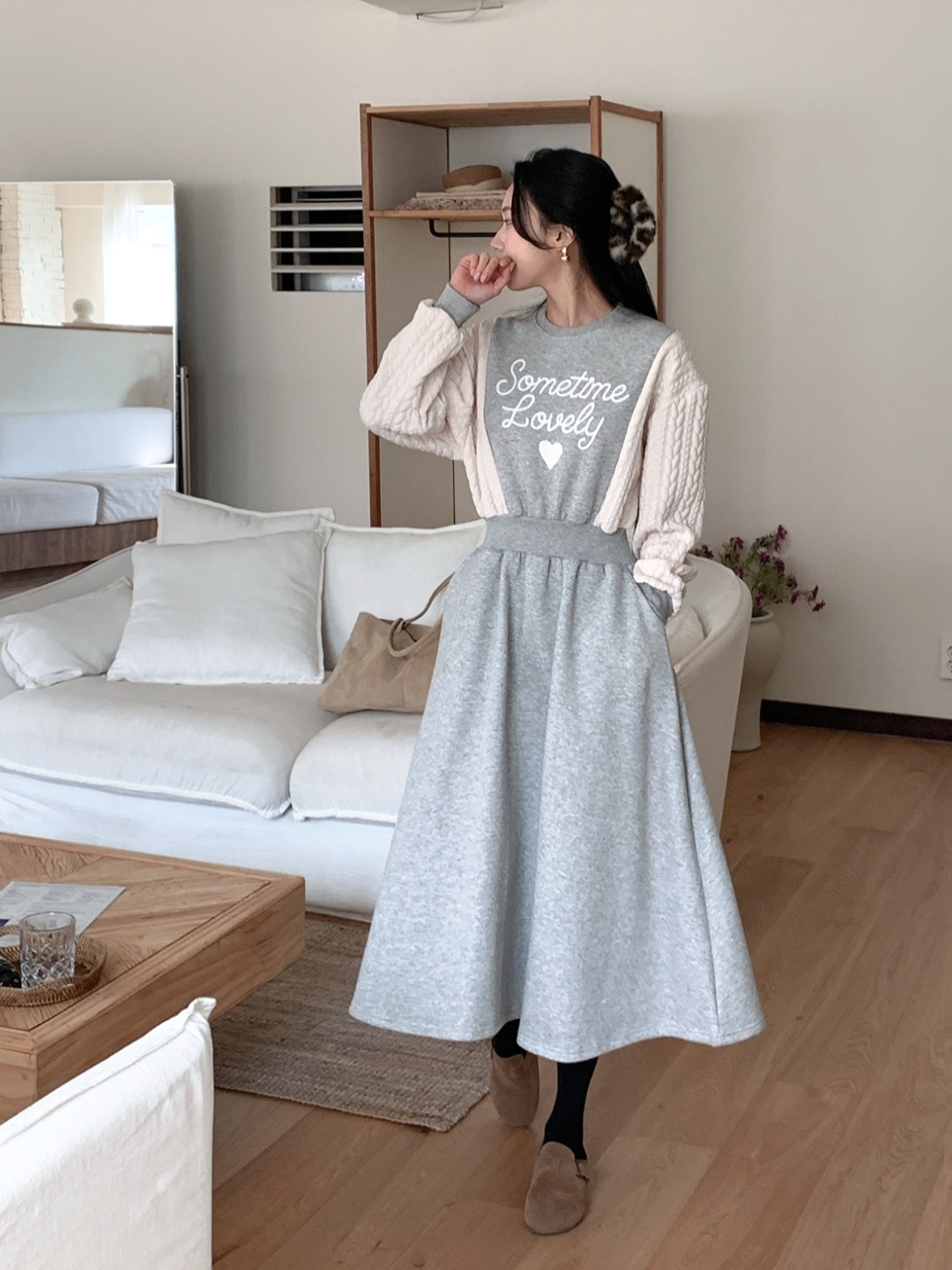 裏起毛ラウンドネックケーブルフレアAラインプリント配色ワンピース | 詳細画像16