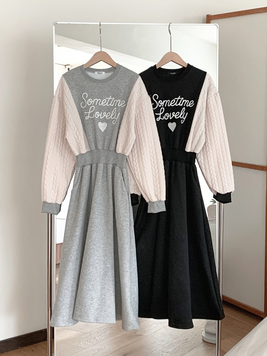 裏起毛ラウンドネックケーブルフレアAラインプリント配色ワンピース | 詳細画像17