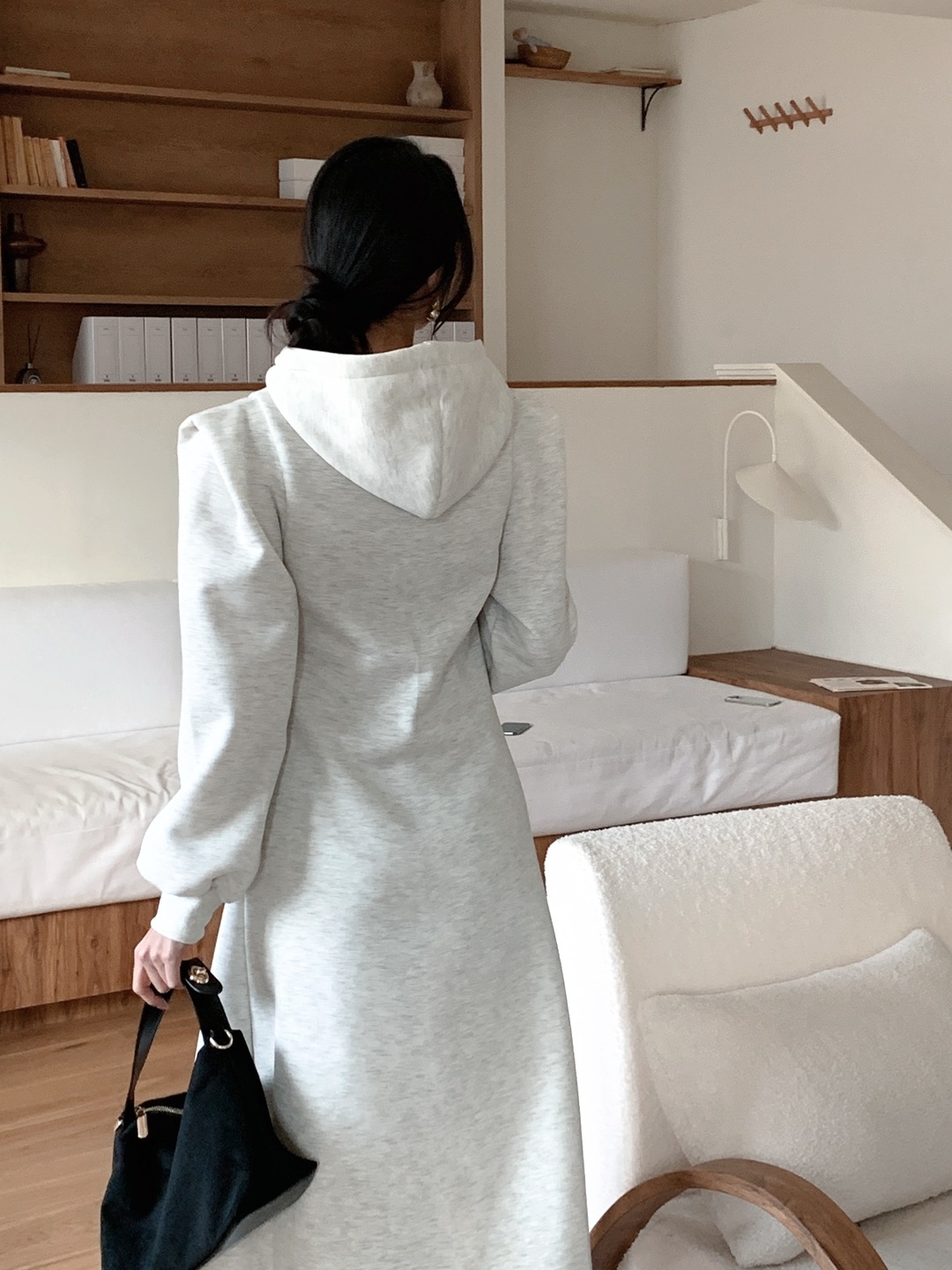 裏起毛ボタンフードパフスリーブロングAラインワンピース | 詳細画像3