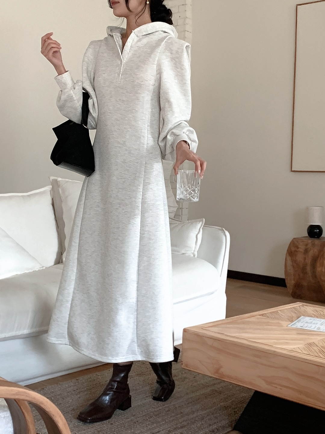 裏起毛ボタンフードパフスリーブロングAラインワンピース | 詳細画像11