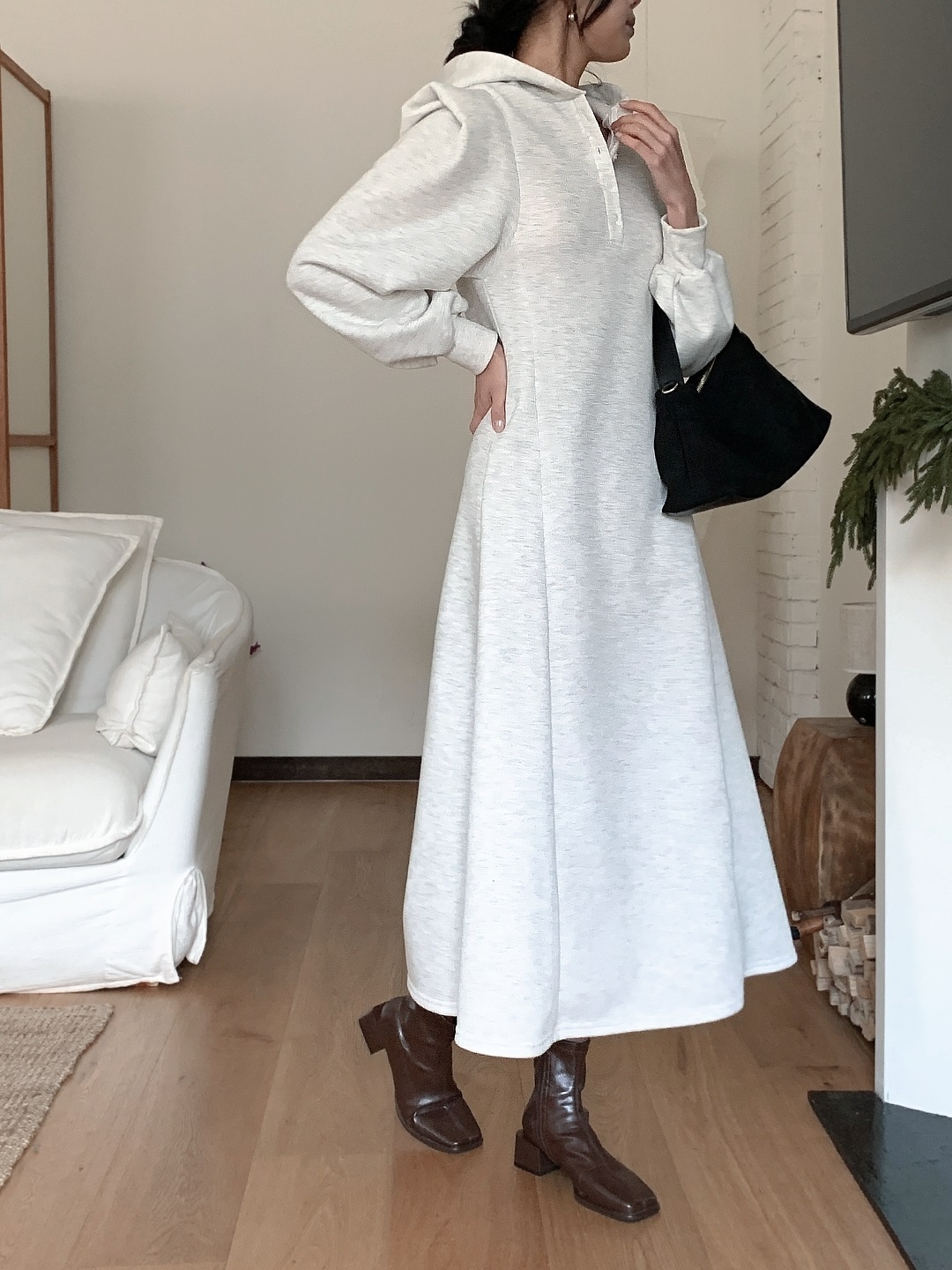 裏起毛ボタンフードパフスリーブロングAラインワンピース | 詳細画像7