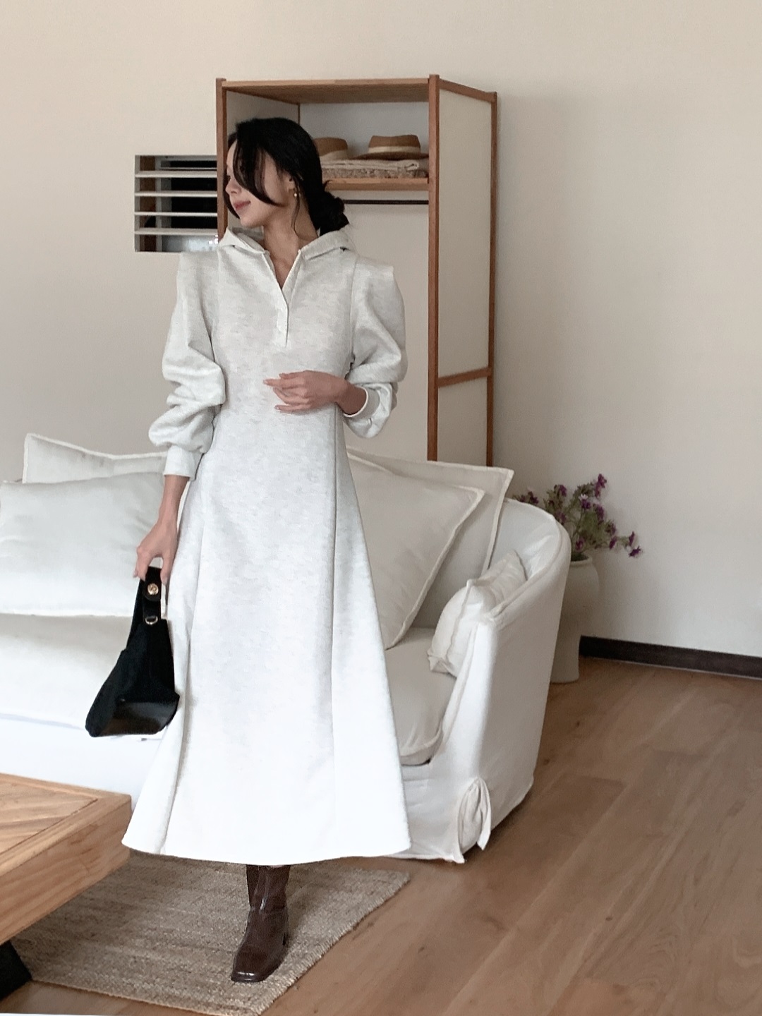 裏起毛ボタンフードパフスリーブロングAラインワンピース | 詳細画像8