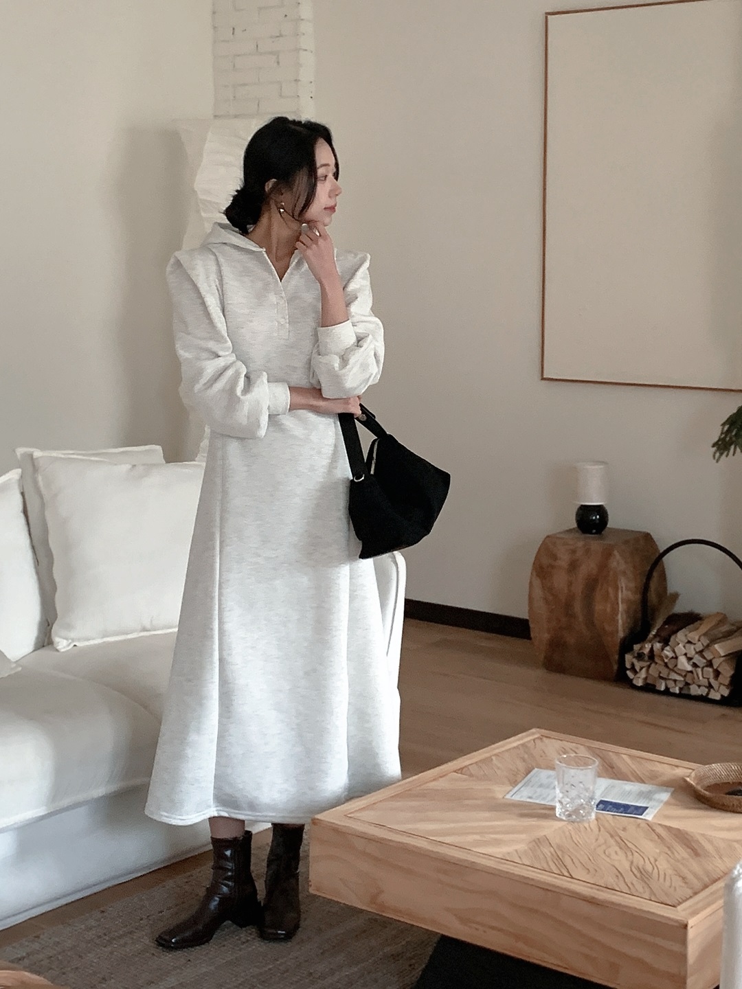 裏起毛ボタンフードパフスリーブロングAラインワンピース | 詳細画像9