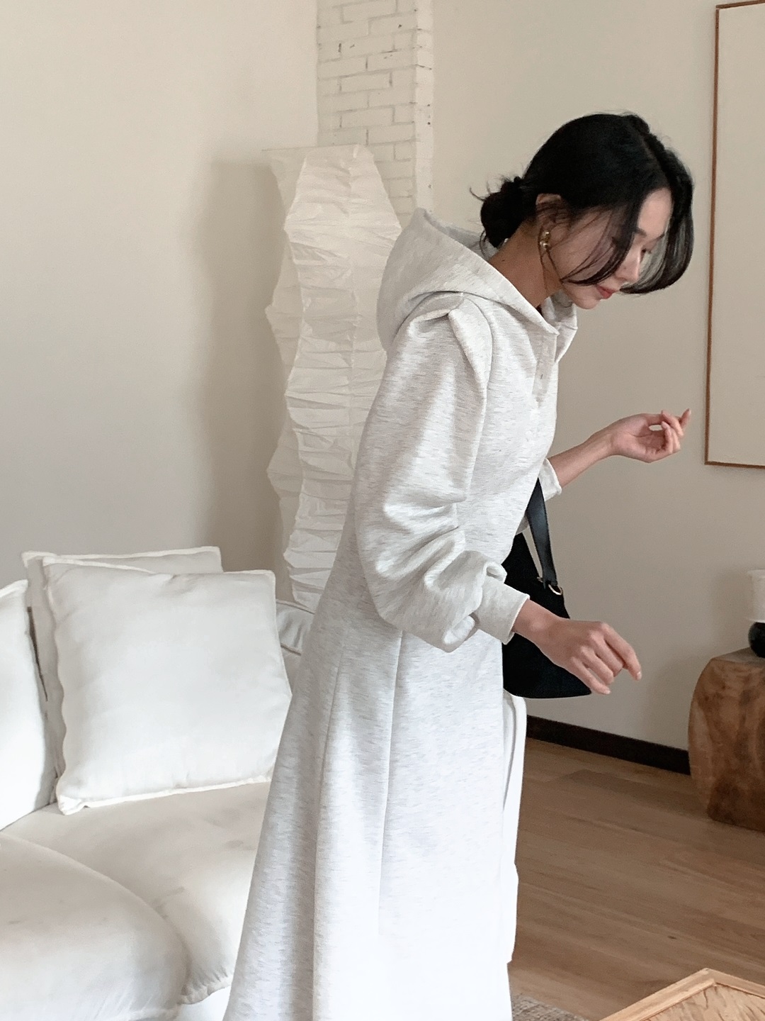 裏起毛ボタンフードパフスリーブロングAラインワンピース | 詳細画像10