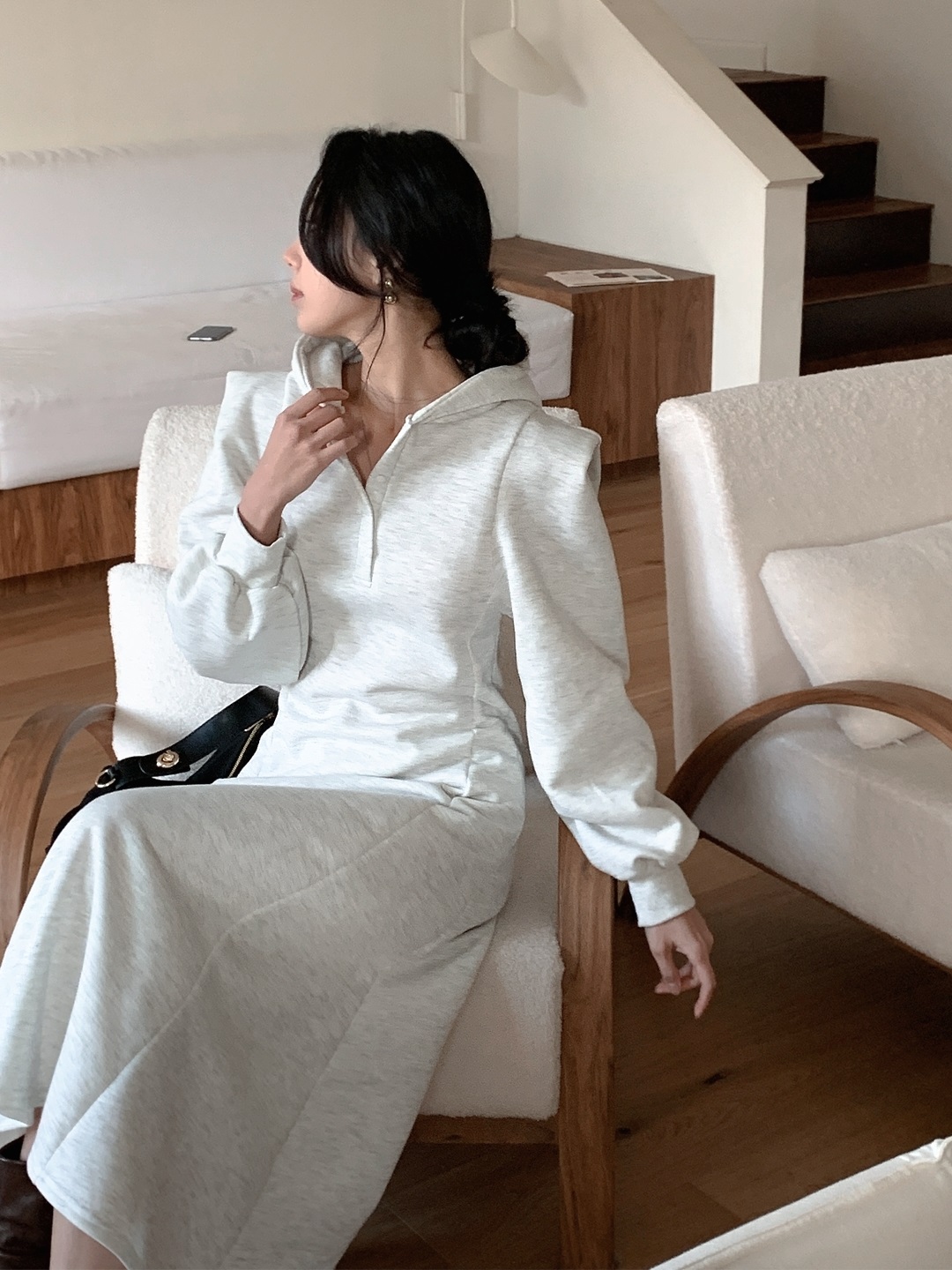 裏起毛ボタンフードパフスリーブロングAラインワンピース | 詳細画像5