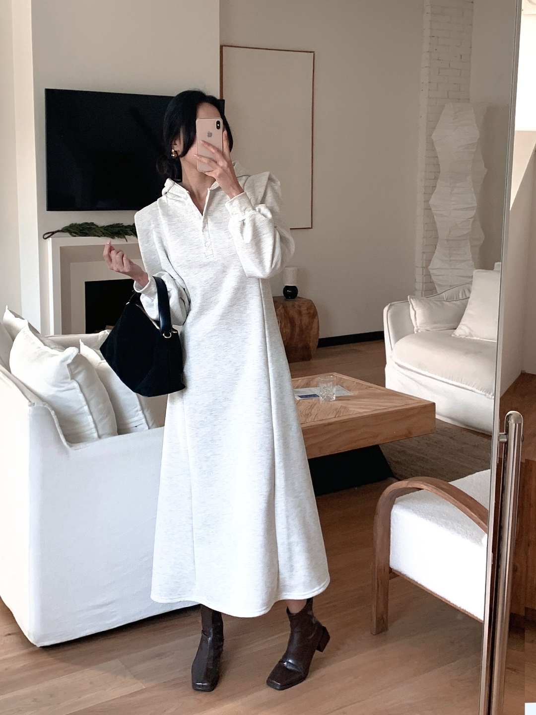 裏起毛ボタンフードパフスリーブロングAラインワンピース | 詳細画像13