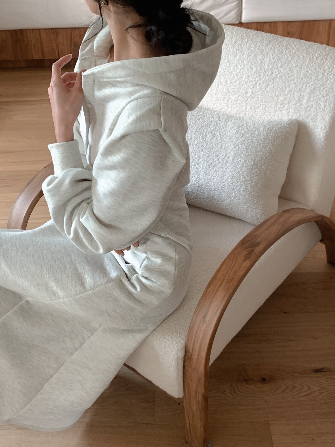 裏起毛ボタンフードパフスリーブロングAラインワンピース | 詳細画像12