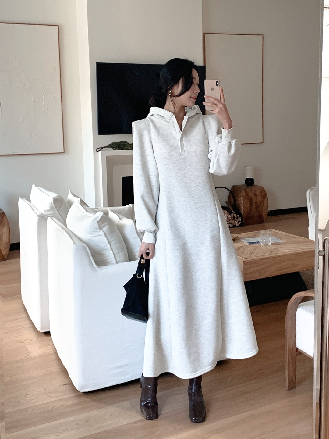 裏起毛ボタンフードパフスリーブロングAラインワンピース | 詳細画像16