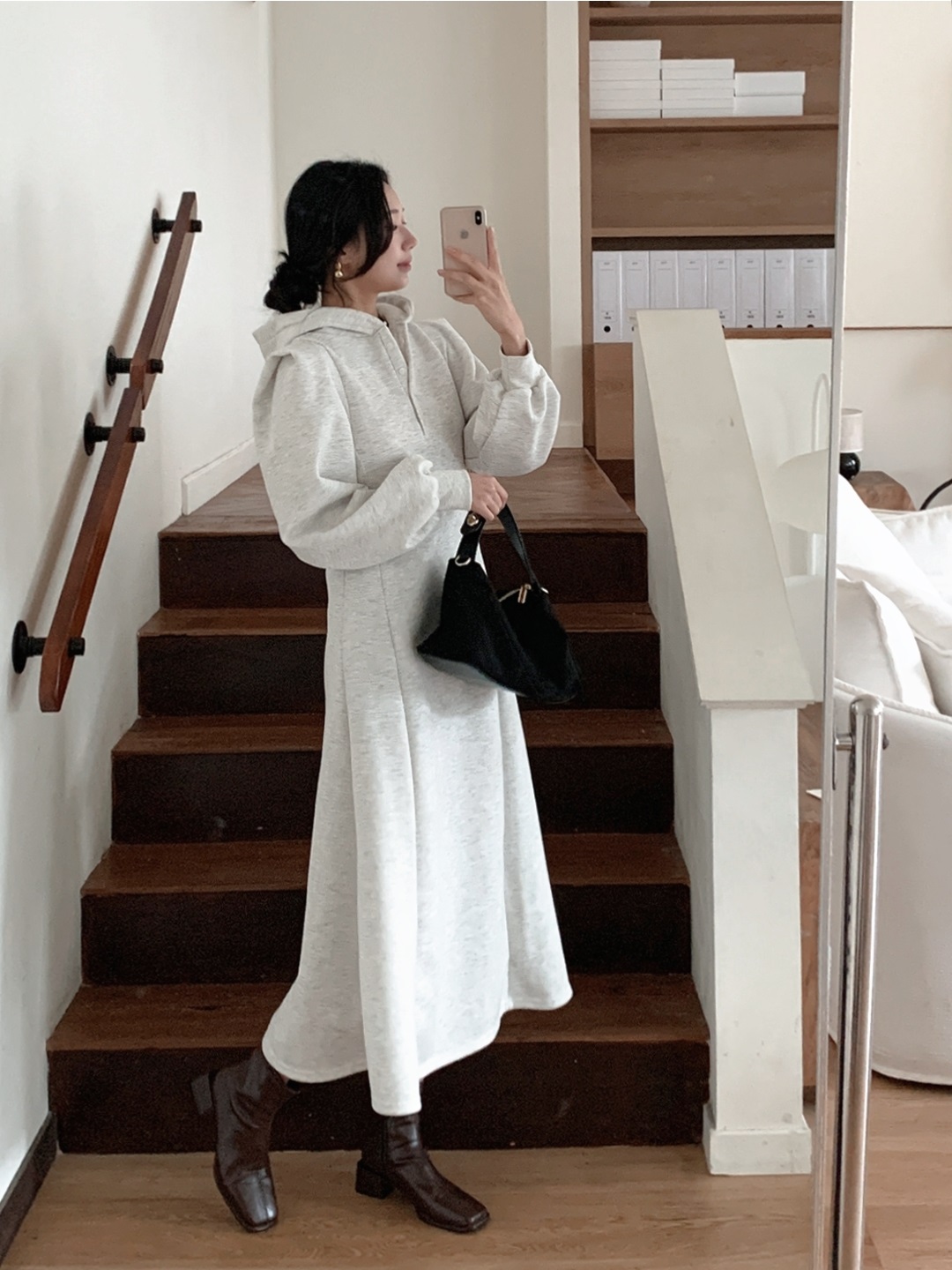 裏起毛ボタンフードパフスリーブロングAラインワンピース | 詳細画像14