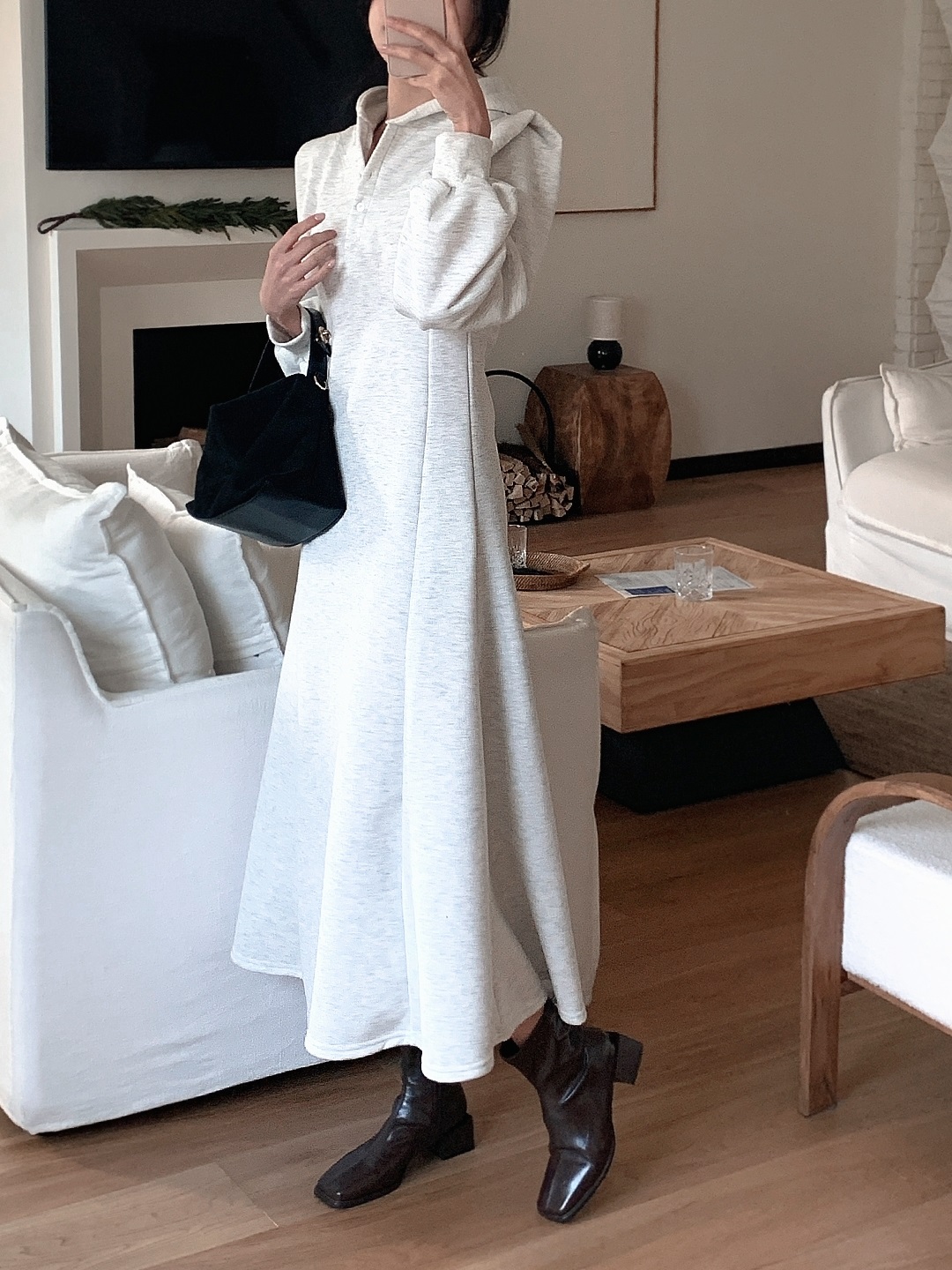 裏起毛ボタンフードパフスリーブロングAラインワンピース | 詳細画像15