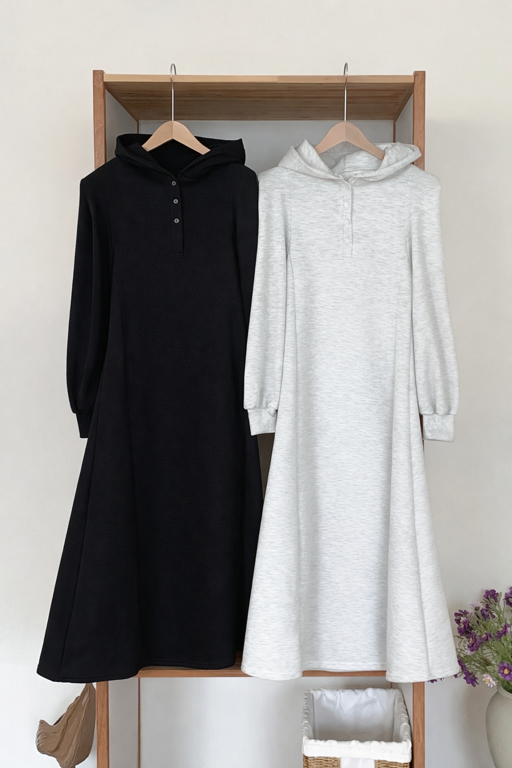 裏起毛ボタンフードパフスリーブロングAラインワンピース | 詳細画像17