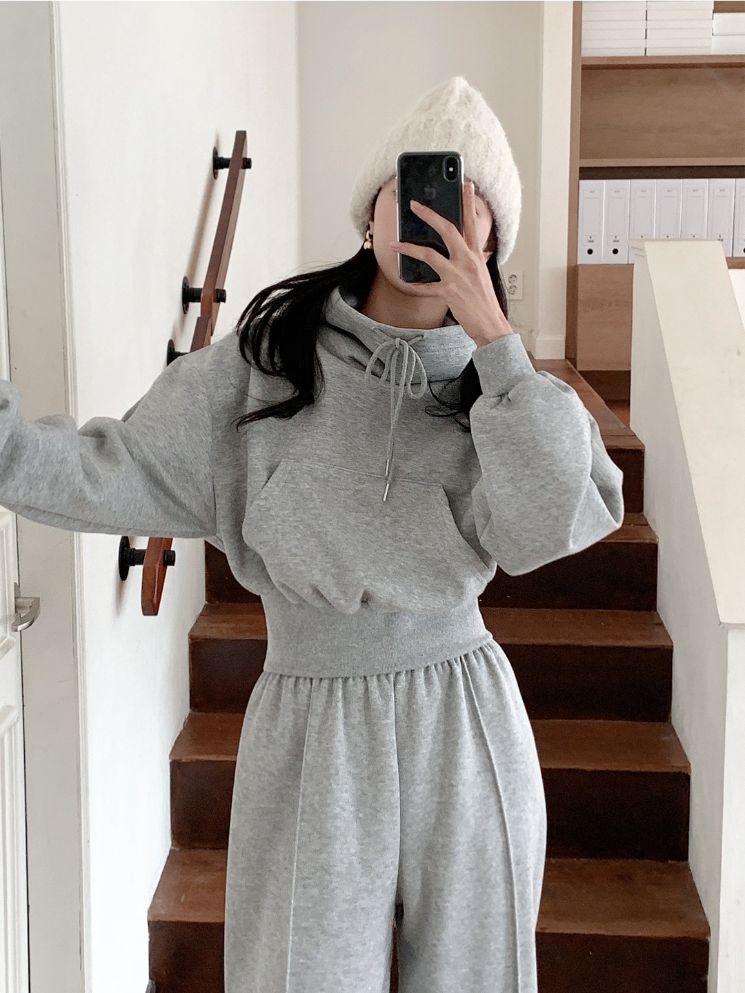 タートルネックドローストリングウエストゴムカンガルーポケットセットアップ | 詳細画像2