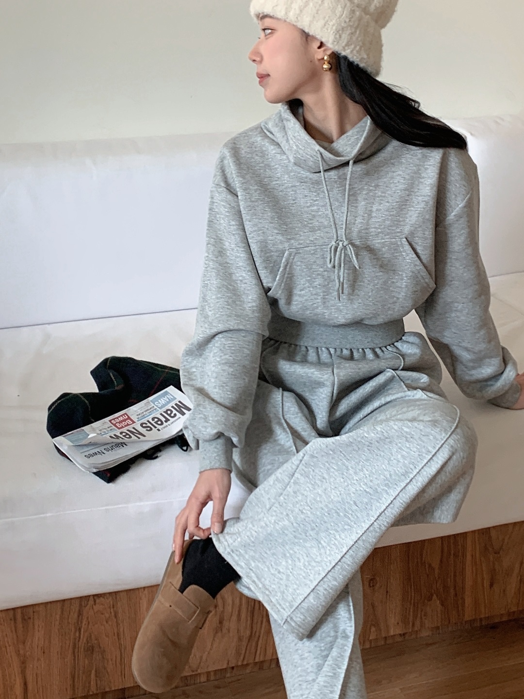 タートルネックドローストリングウエストゴムカンガルーポケットセットアップ | 詳細画像6