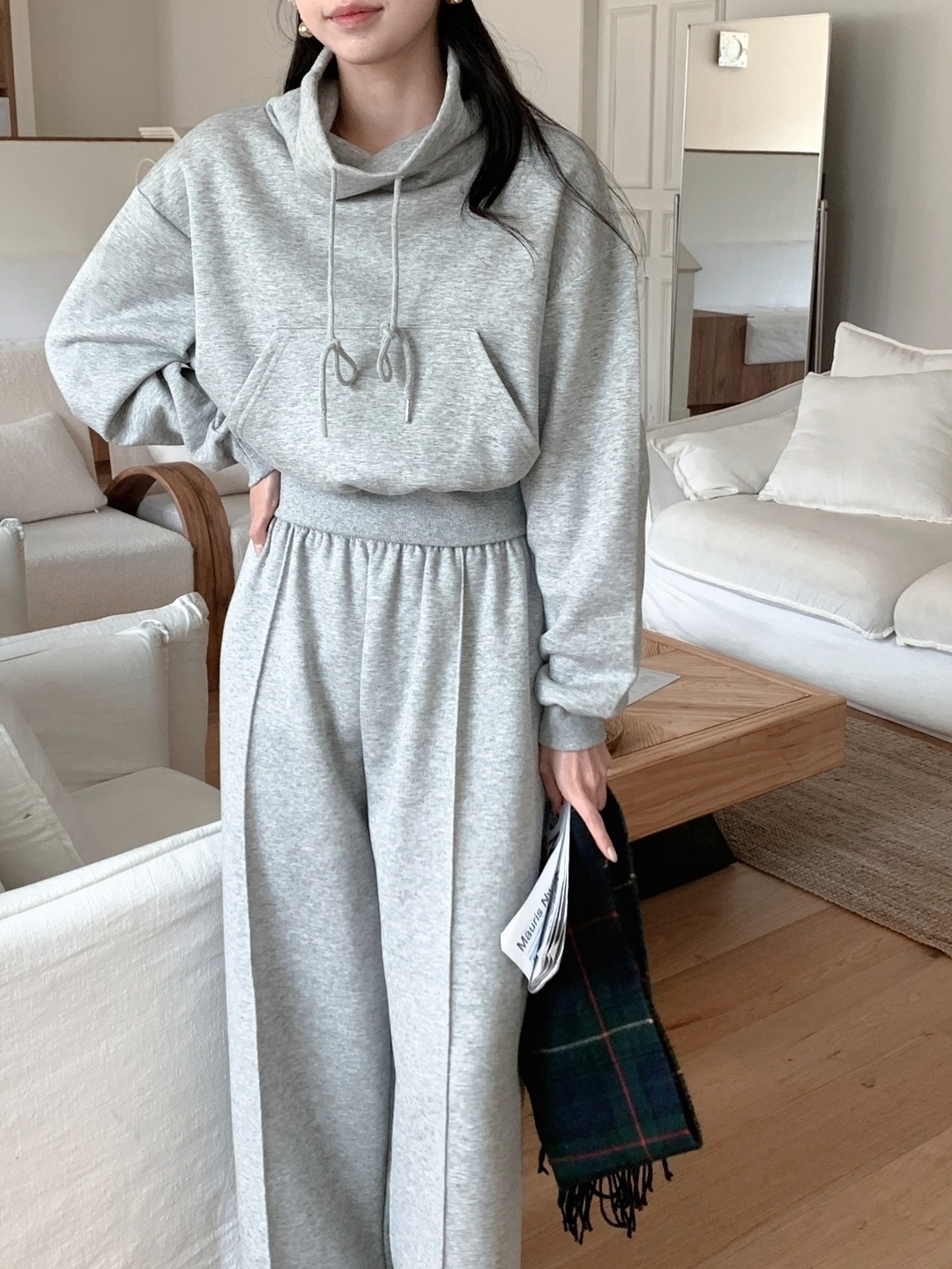 タートルネックドローストリングウエストゴムカンガルーポケットセットアップ | 詳細画像12